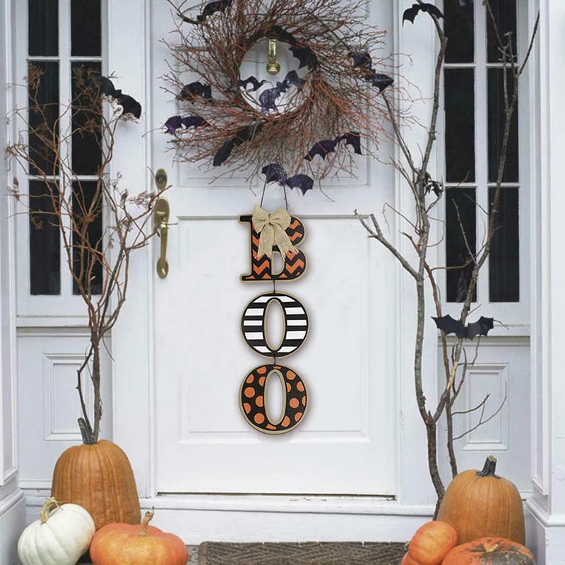 Хелоуин Бу Врата Знак Черен Оранжев Дървена Буквално Врата Знак Табела на Стената Висящи Украси за Хелоуин Празнична Парти Декор